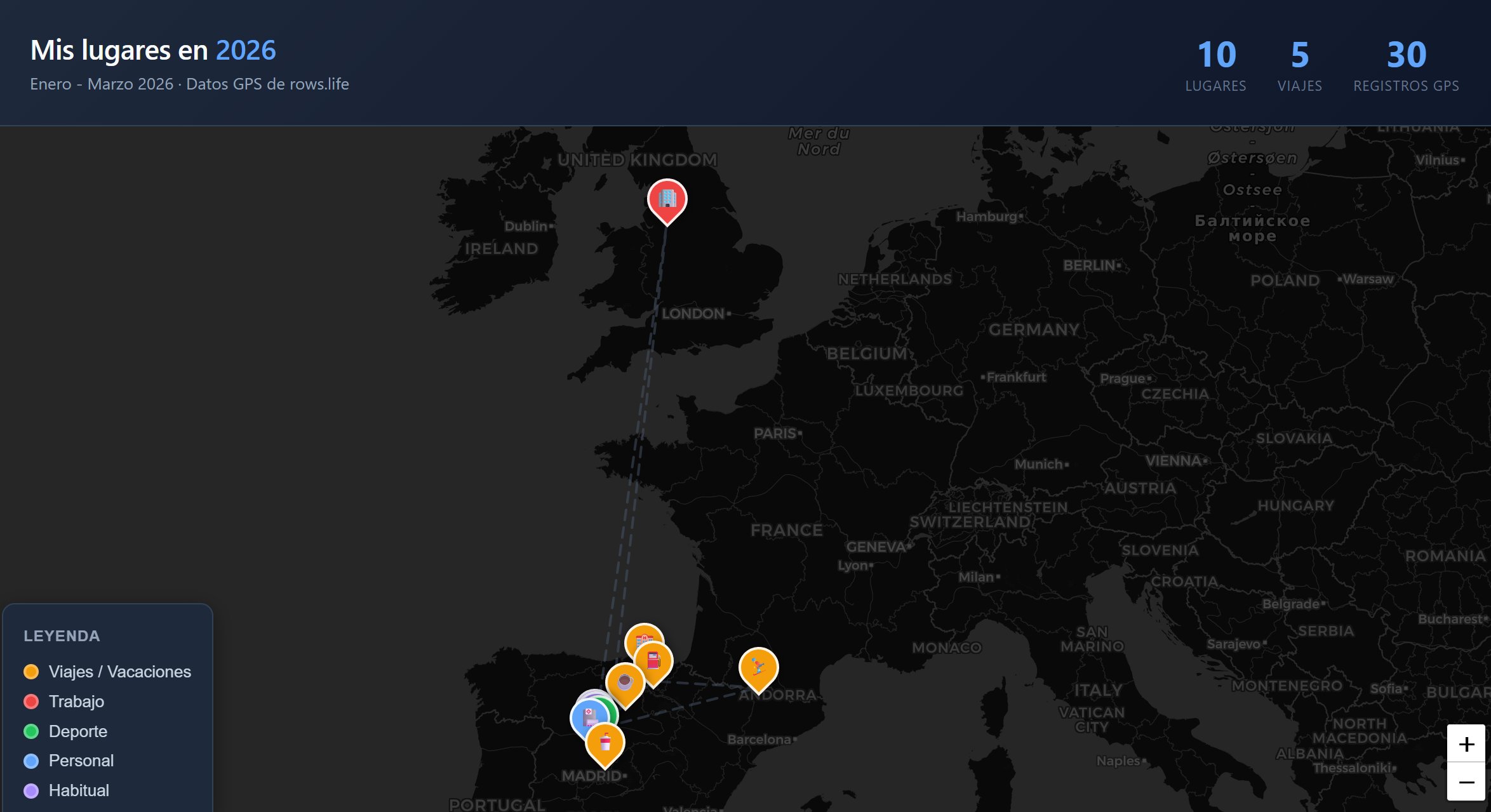 Mapa generado por Claude Code con las ubicaciones registradas en rows.life